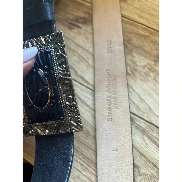 Streets Ahead Black Leather Belt Silver Buckle Size Large